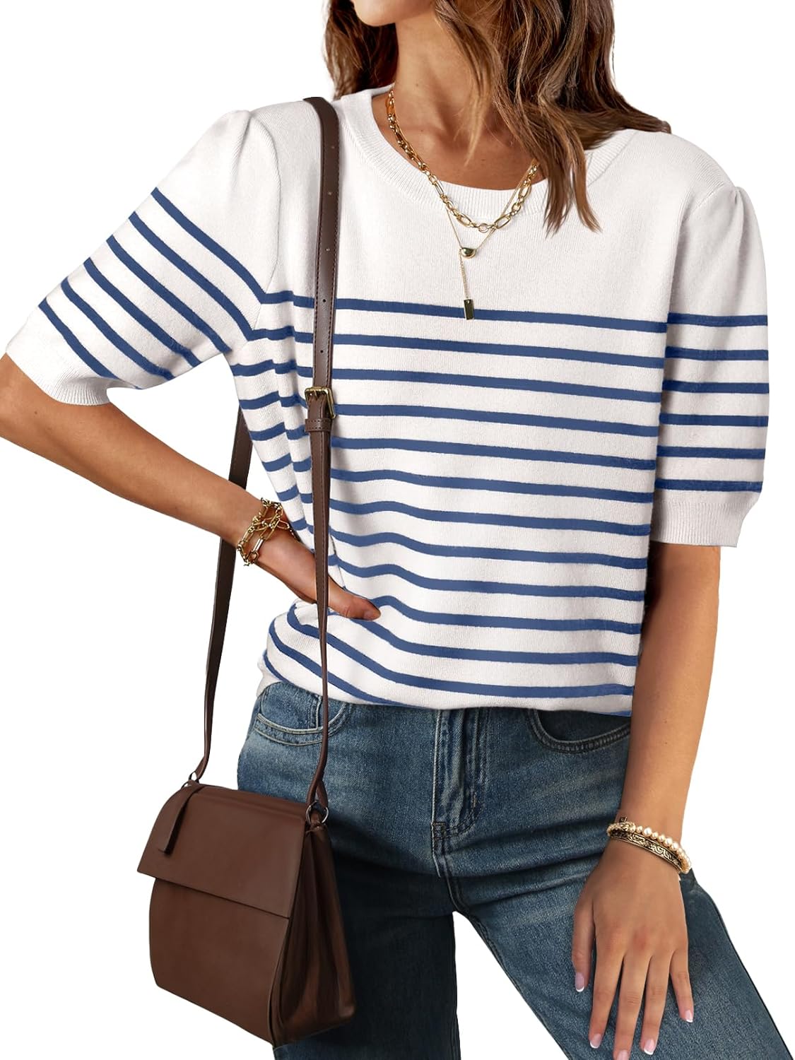 Women's Casual Striped Tops Short Sleeve Crew Neck shirts