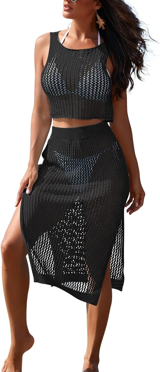 Womens 2 Piece Crochet Swimsuits Coverup 