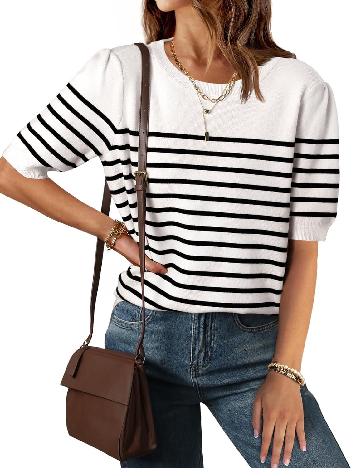 Women's Casual Striped Tops Short Sleeve Crew Neck shirts