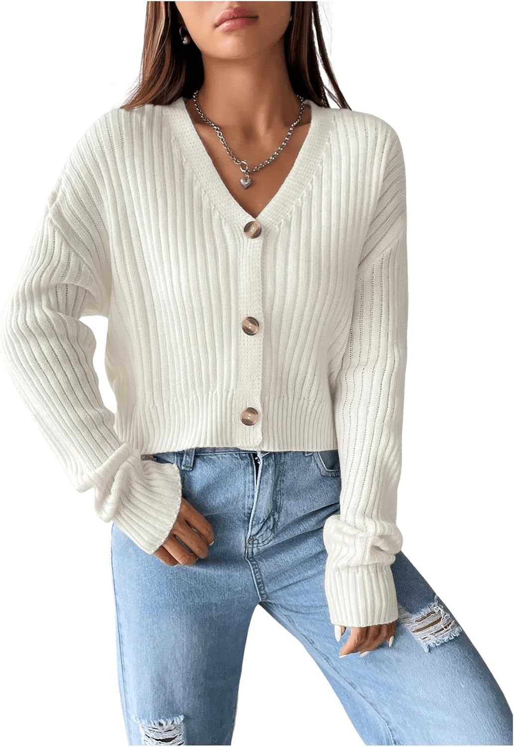 Women's Ribbed Knit V Neck Button Down Sweater