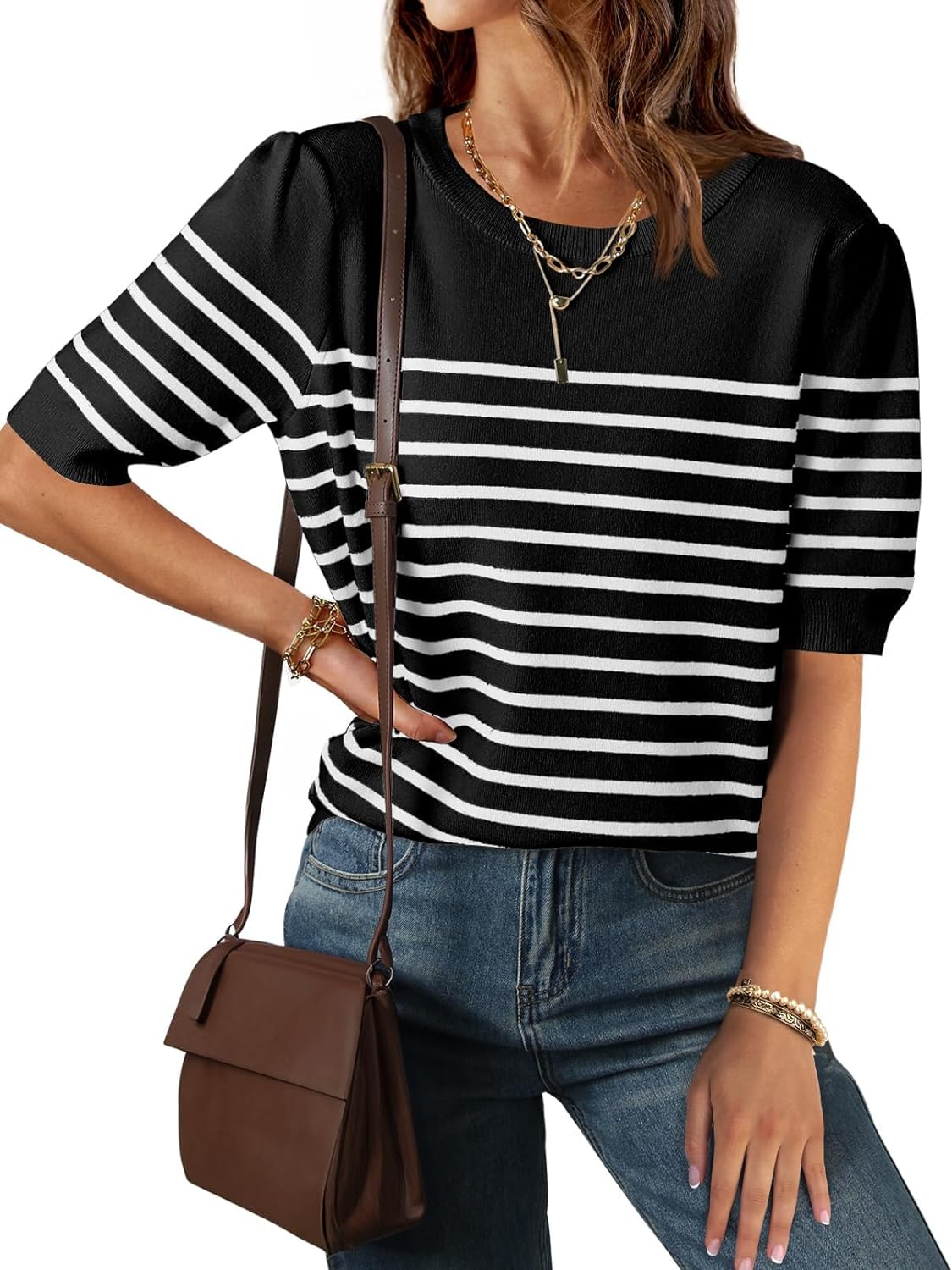 Women's Casual Striped Tops Short Sleeve Crew Neck shirts