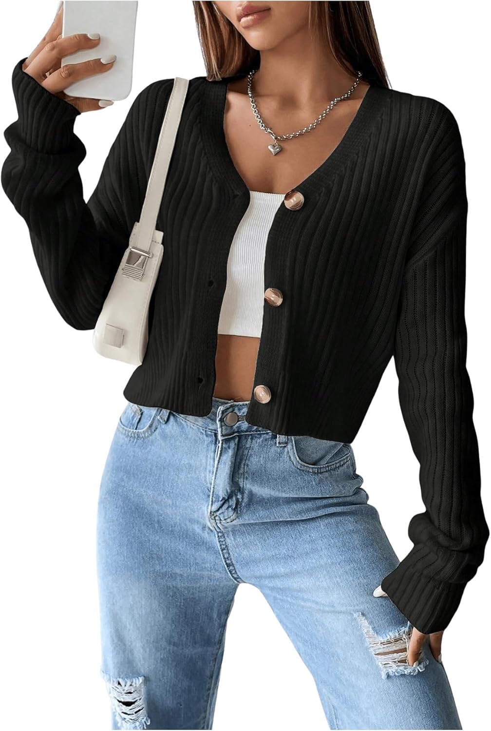 Women's Ribbed Knit V Neck Button Down Sweater