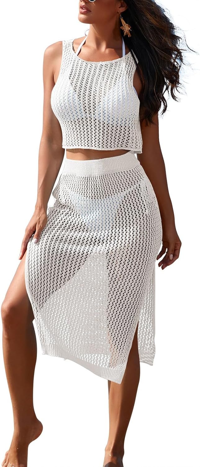 Womens 2 Piece Crochet Swimsuits Coverup 