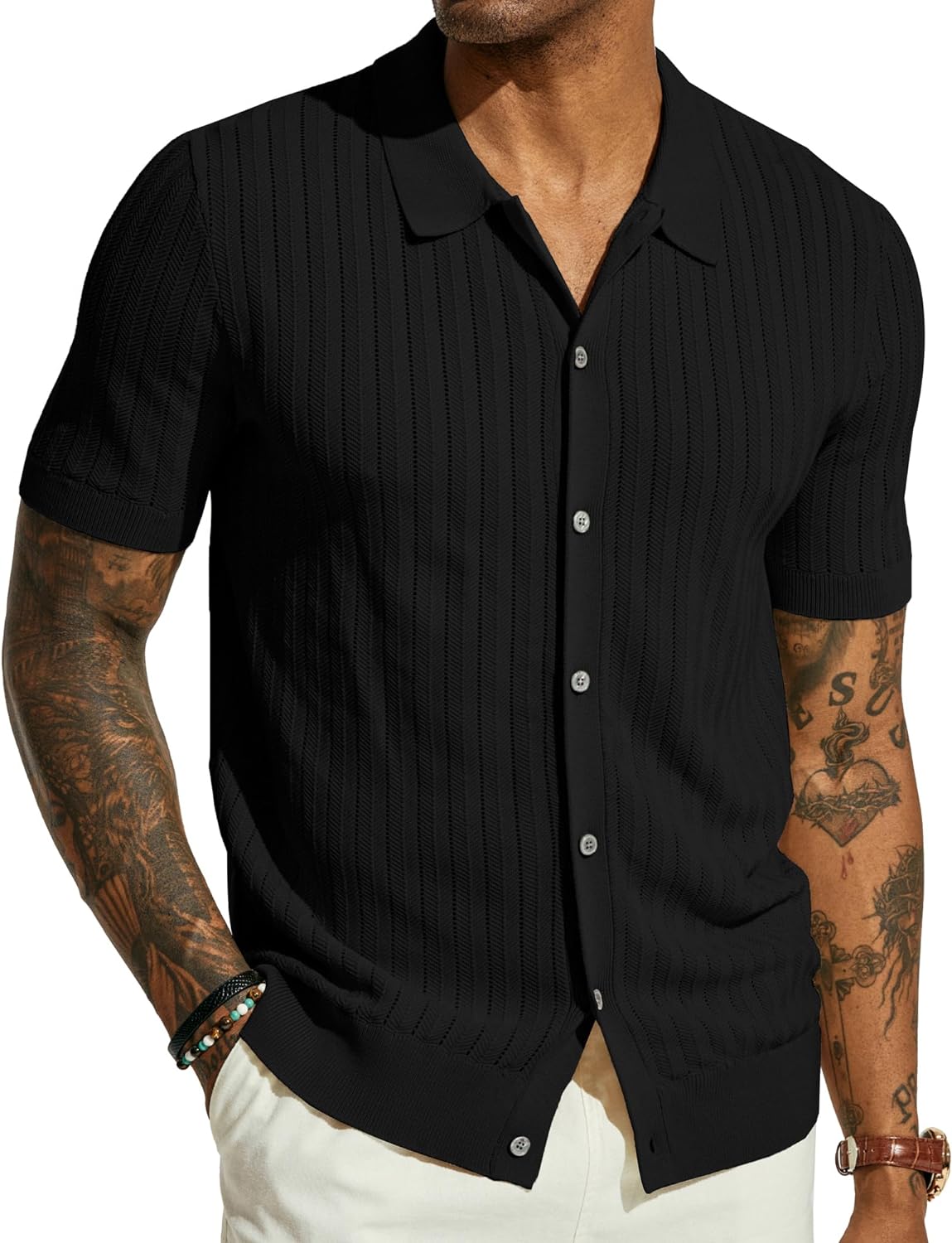 Men's Knit Shirt Short Sleeve Hollow Out Button Down Shirt