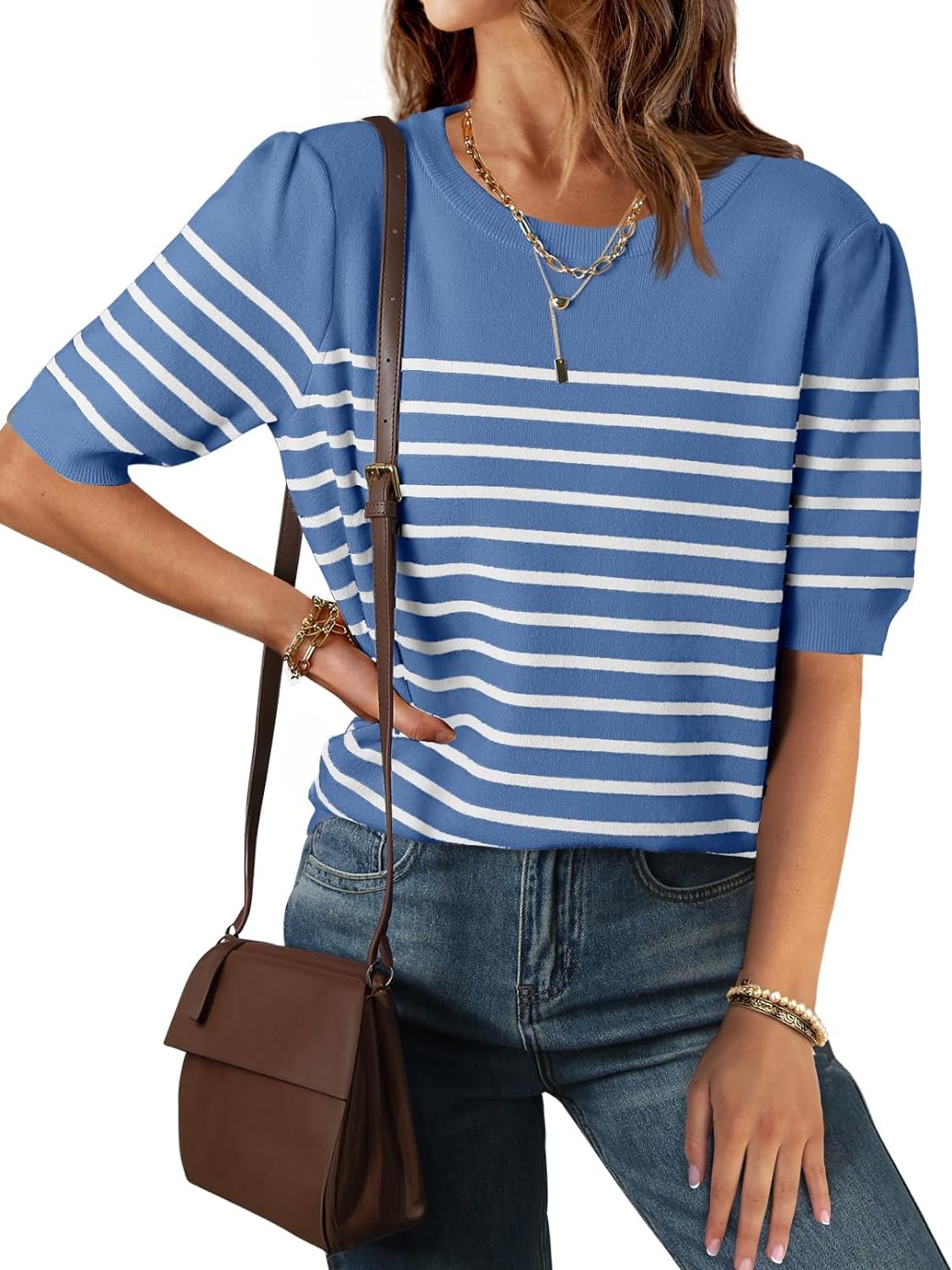 Women's Casual Striped Tops Short Sleeve Crew Neck shirts