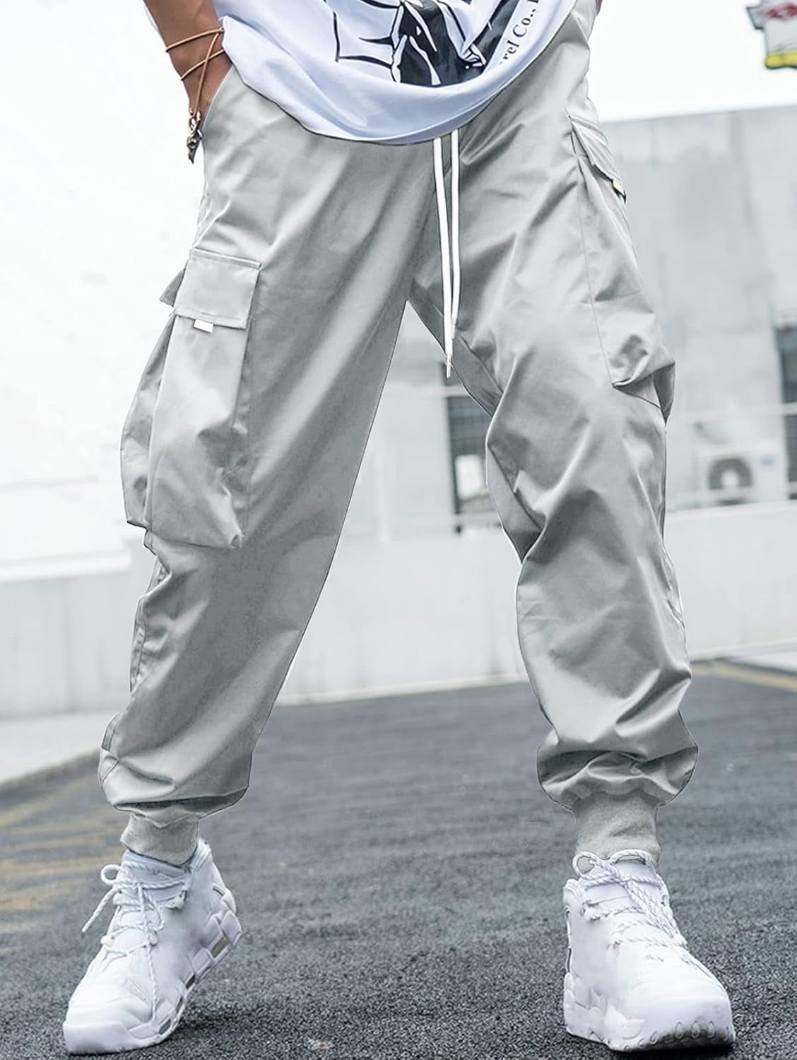 Men's Drawstring Tech wear Cargo Pants with Flap Pockets 