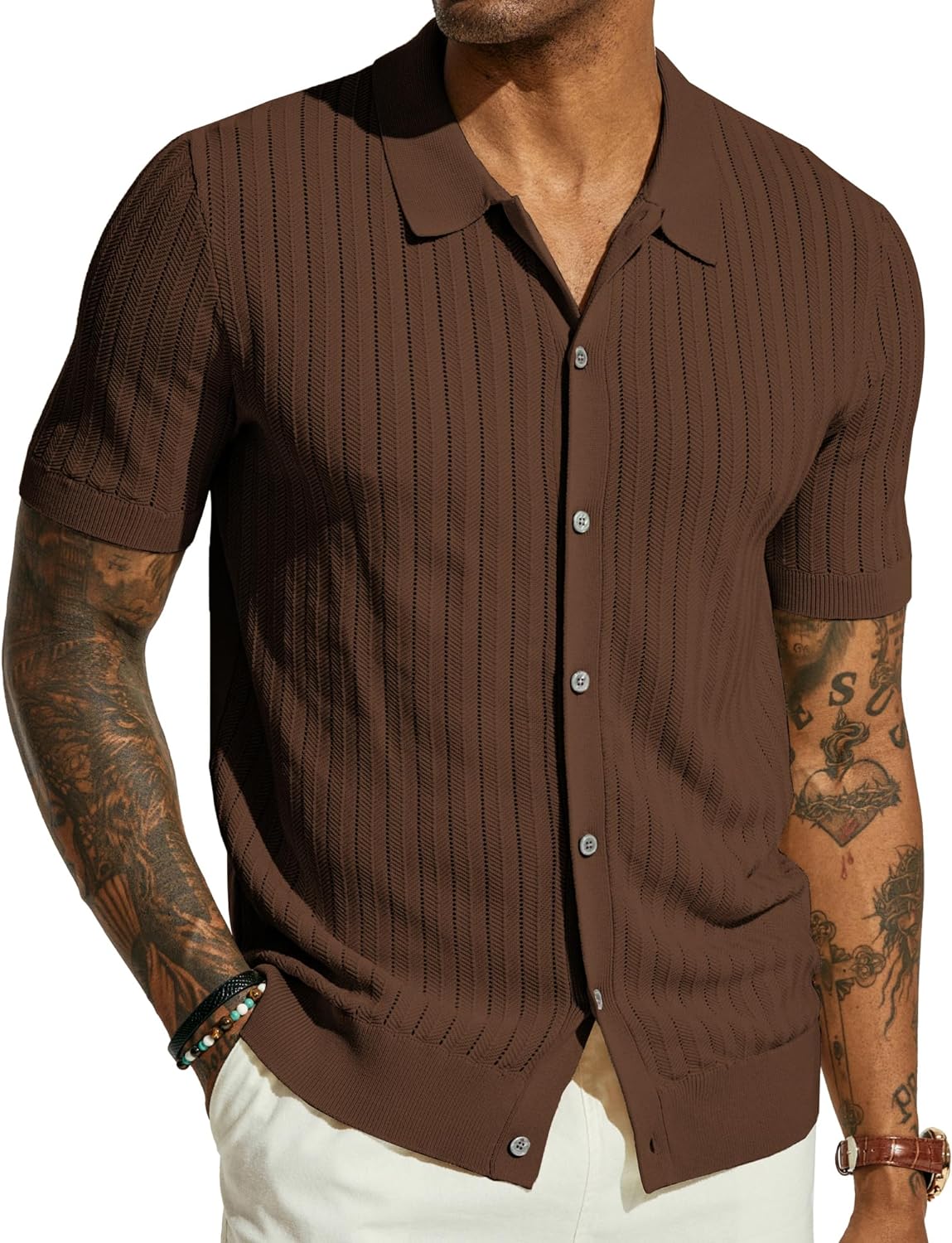 Men's Knit Shirt Short Sleeve Hollow Out Button Down Shirt