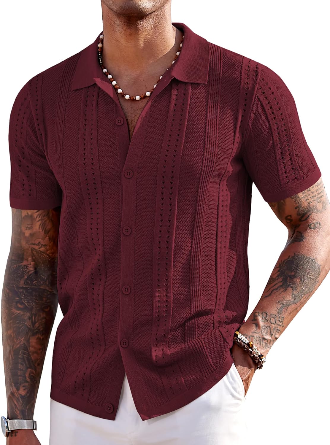 Men's Knit Shirt Short Sleeve Button down Polo Shirt 