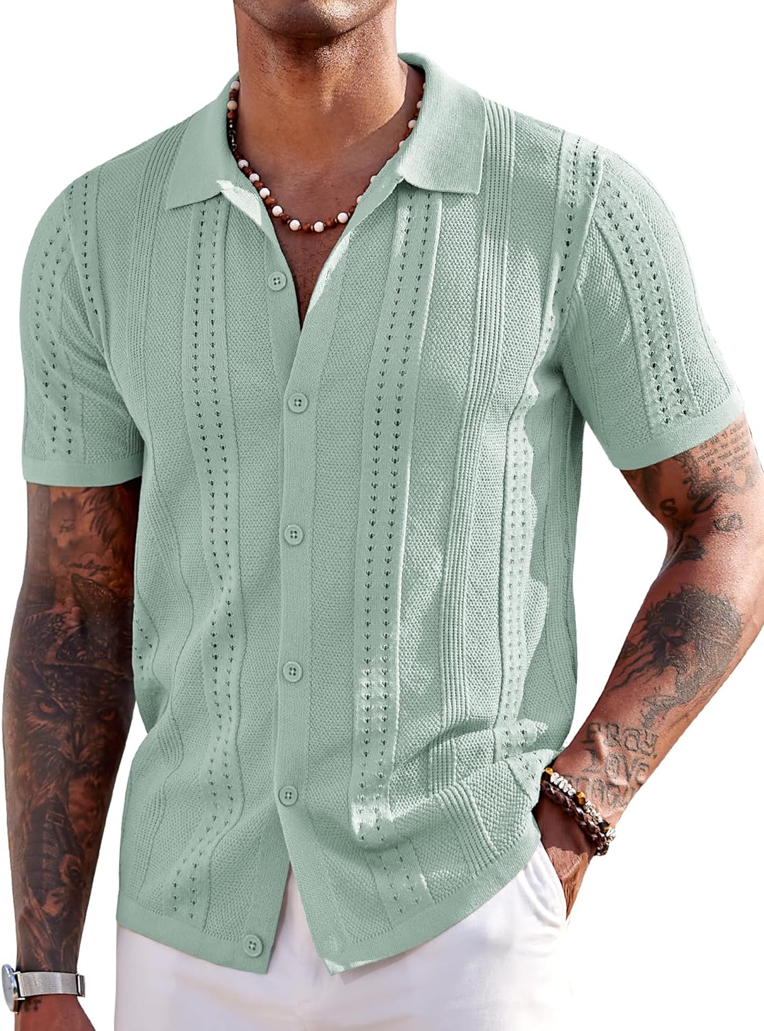 Men's Knit Shirt Short Sleeve Button down Polo Shirt 