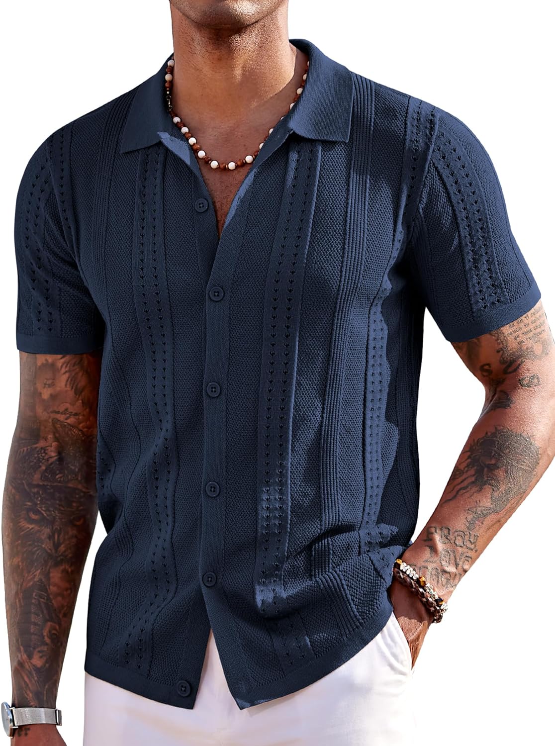 Men's Knit Shirt Short Sleeve Button down Polo Shirt 