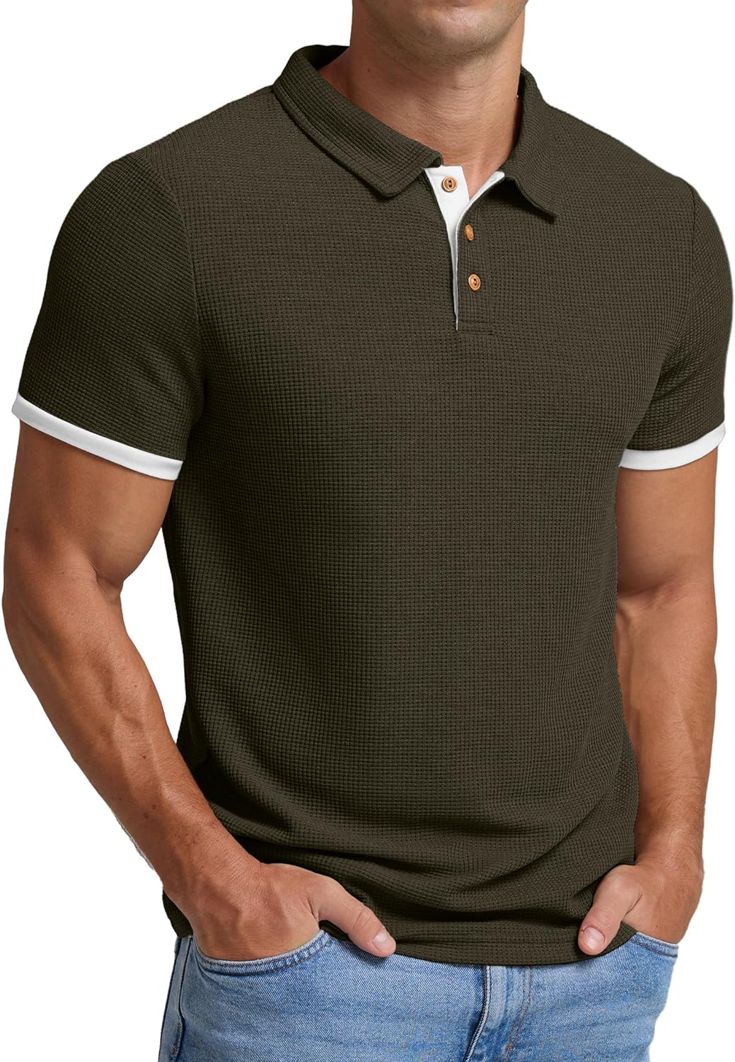 Men'S Waffle Knit Short Sleeve Casual Polo Shirts