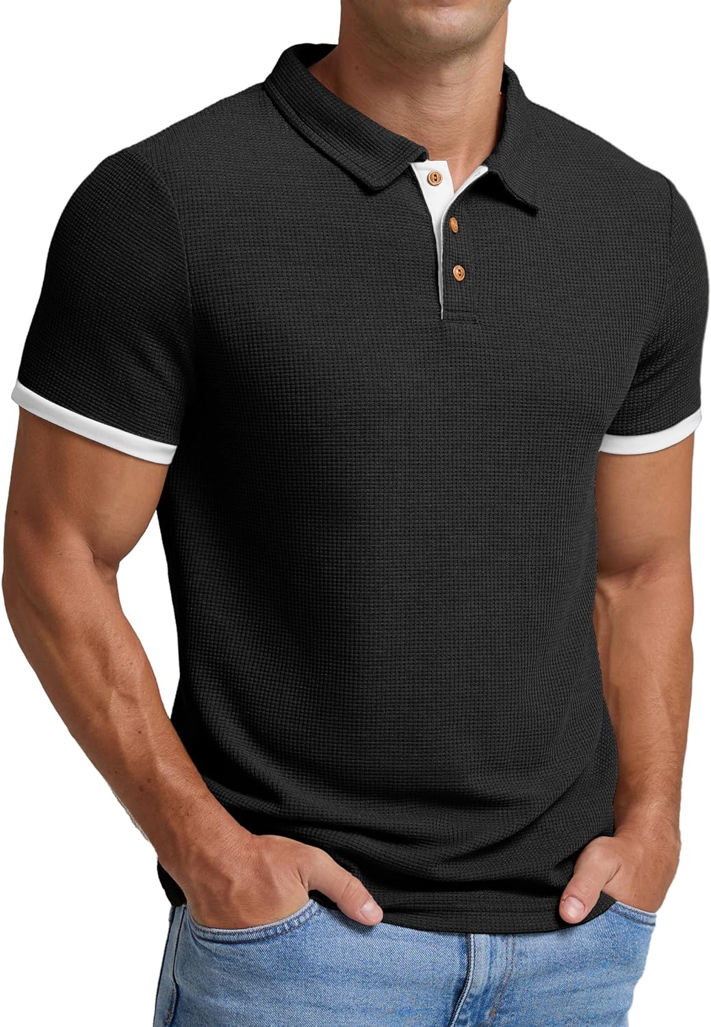 Men'S Waffle Knit Short Sleeve Casual Polo Shirts