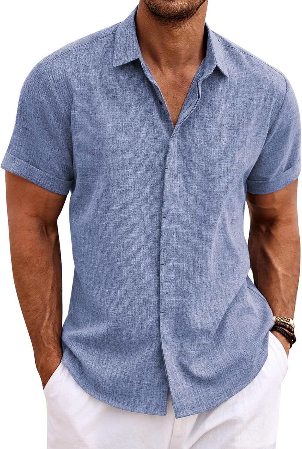 Men's Linen Short Sleeve Casual Button Down Shirt 