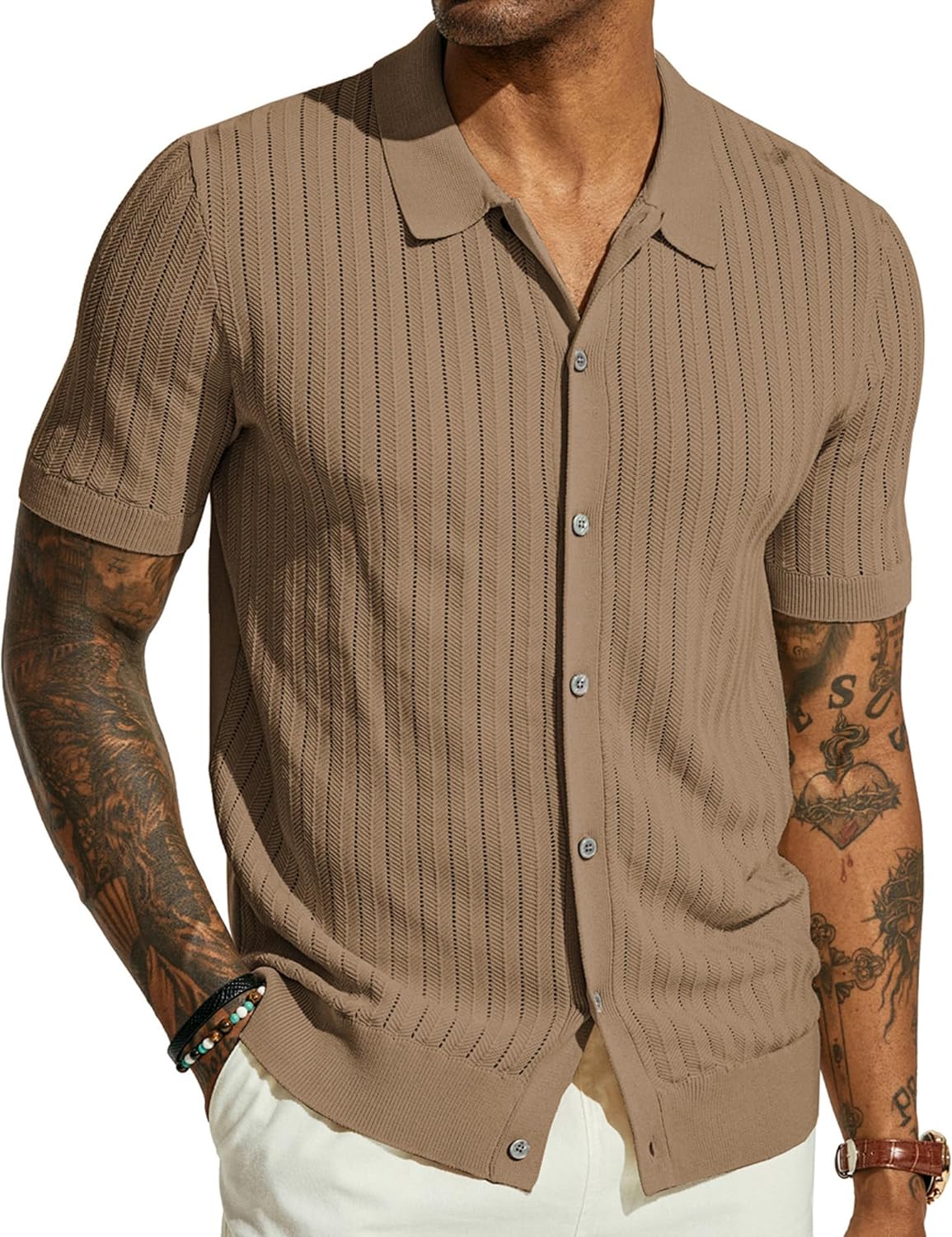 Men's Knit Shirt Short Sleeve Hollow Out Button Down Shirt