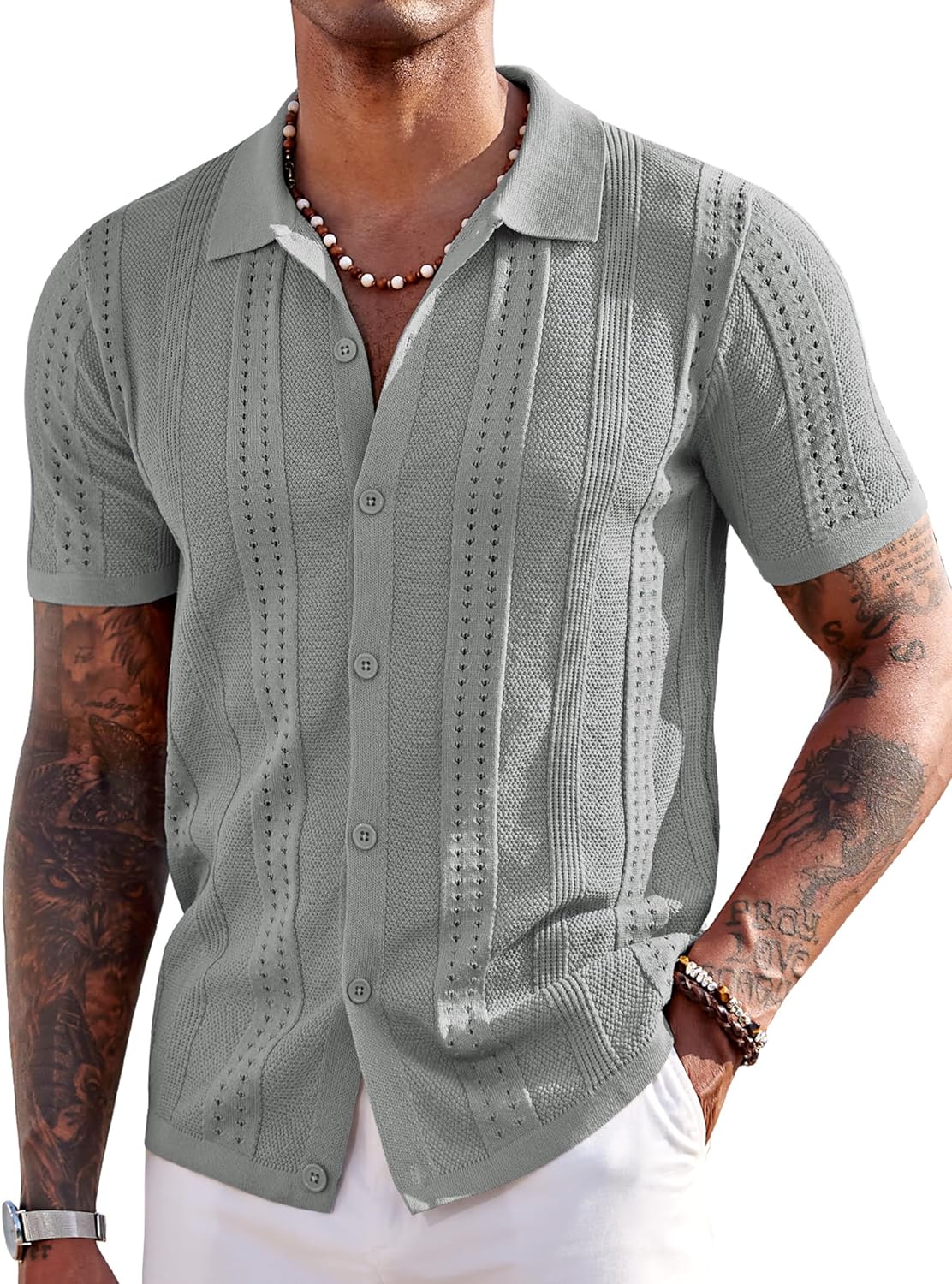 Men's Knit Shirt Short Sleeve Button down Polo Shirt 