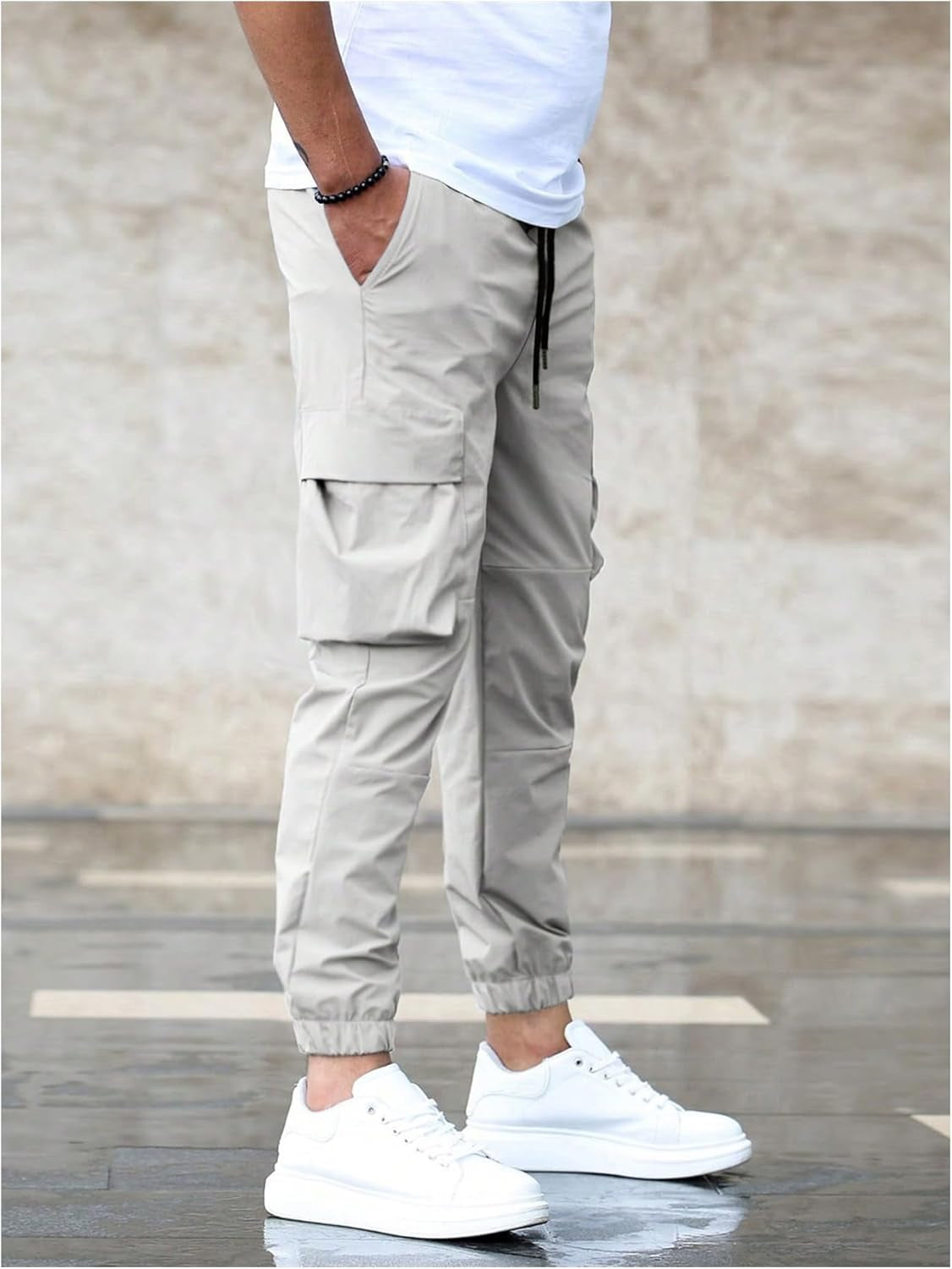 Men'S Drawstring Waist Cuffed Cargo Pants Casual Solid Joggers with Pocket