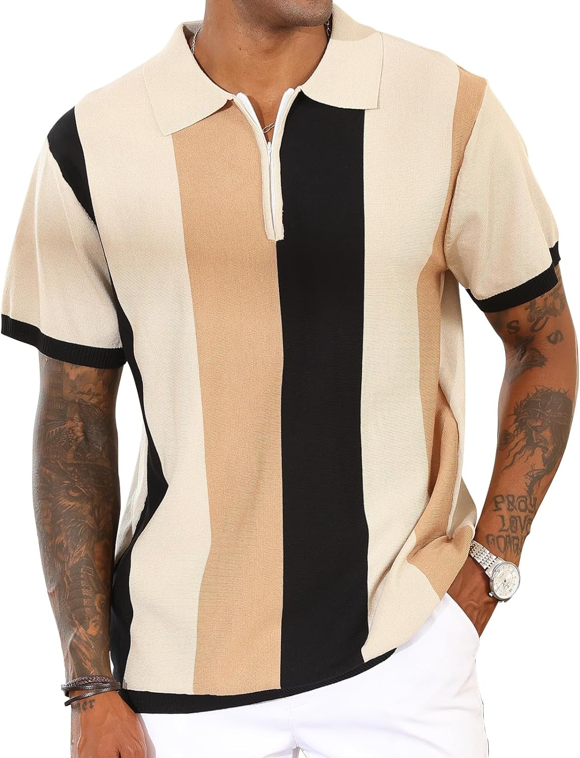 Men's Polo Shirt Vintage Striped Knitting Shirts 