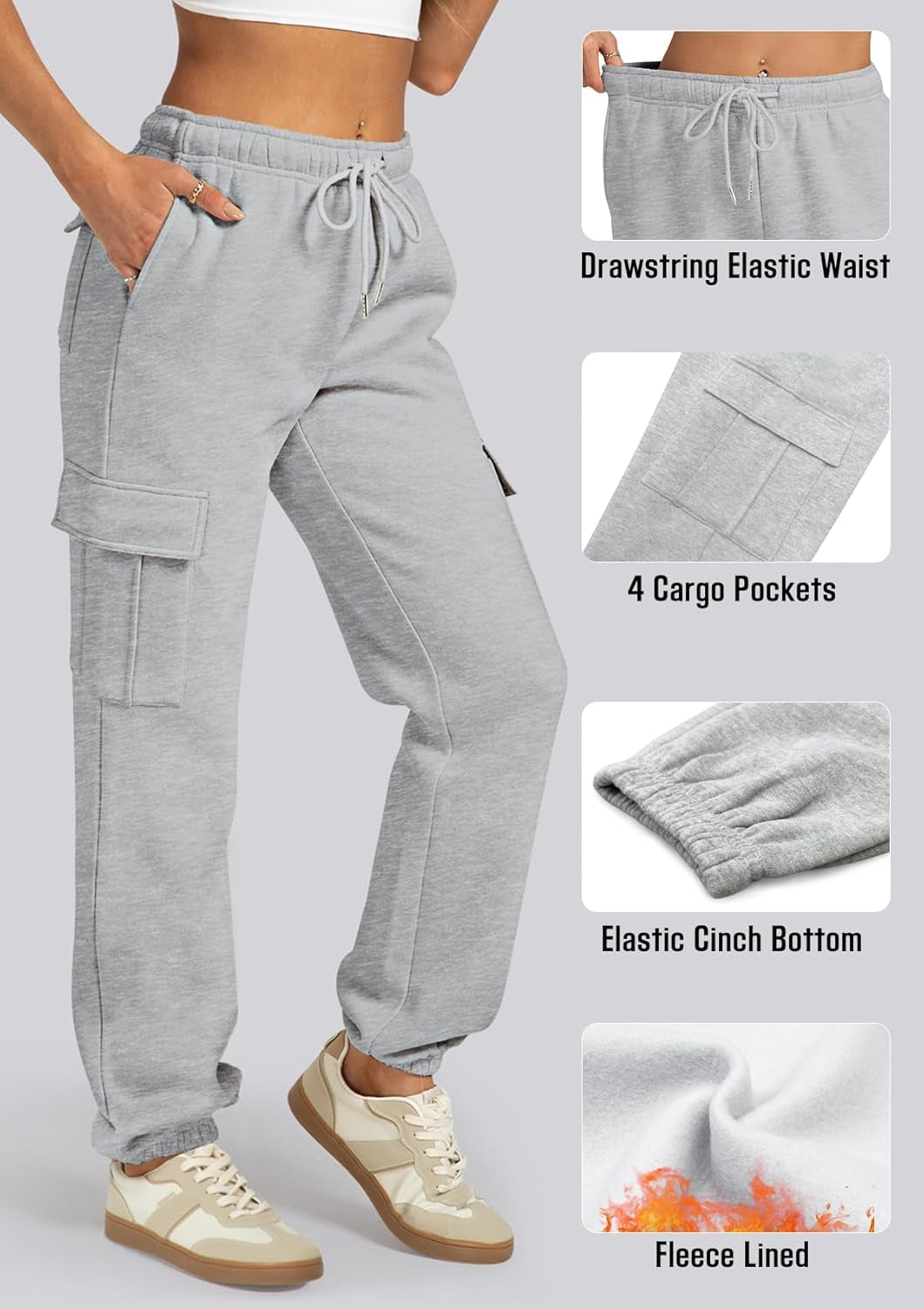 Cargo Pants Women Sweatpants Fleece Lined High Waisted Drawstring Baggy Y2K Joggers Lounge with Pockets