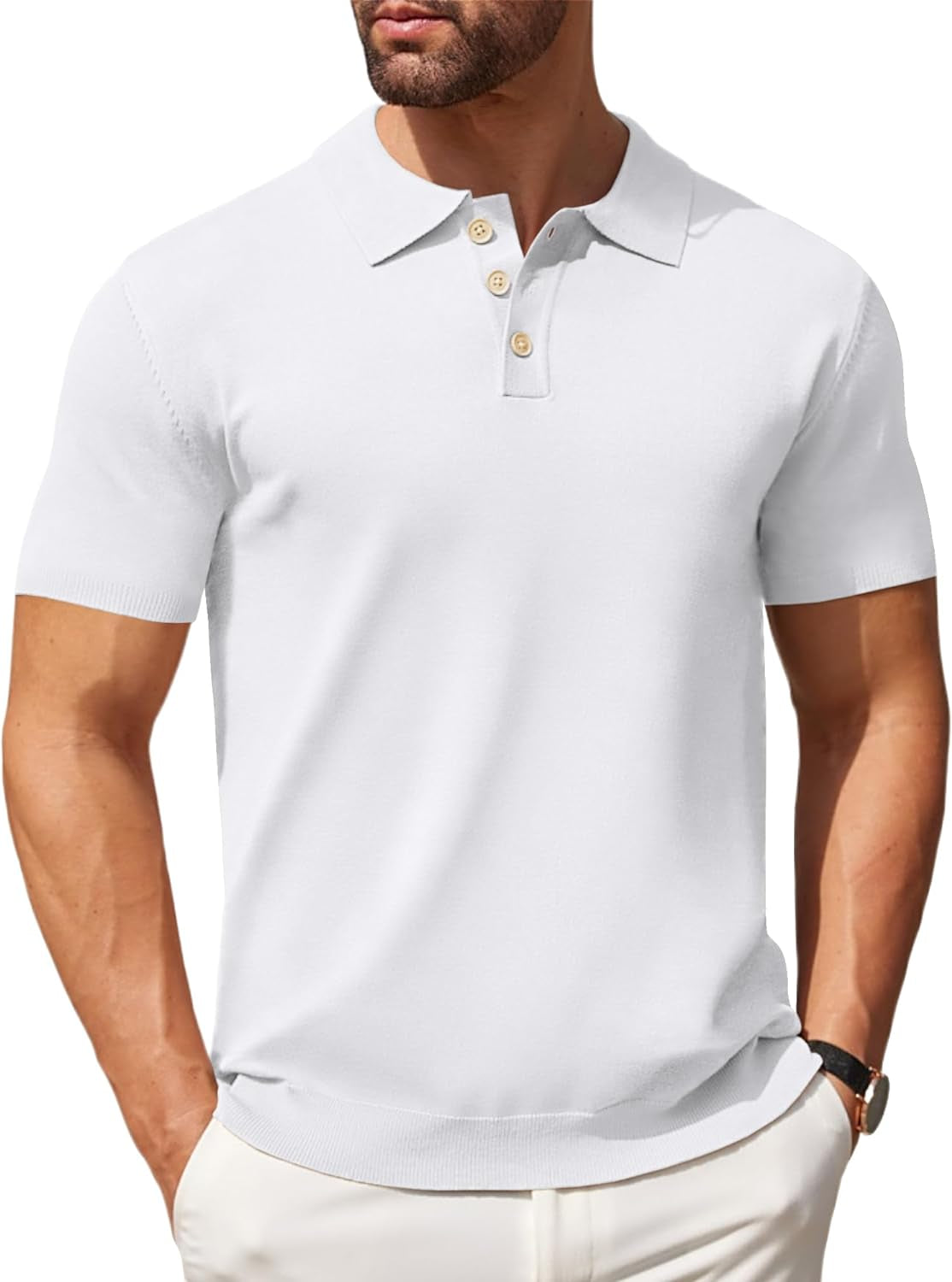 Men's Knit Casual Short Sleeve Button down Polo Shirt 