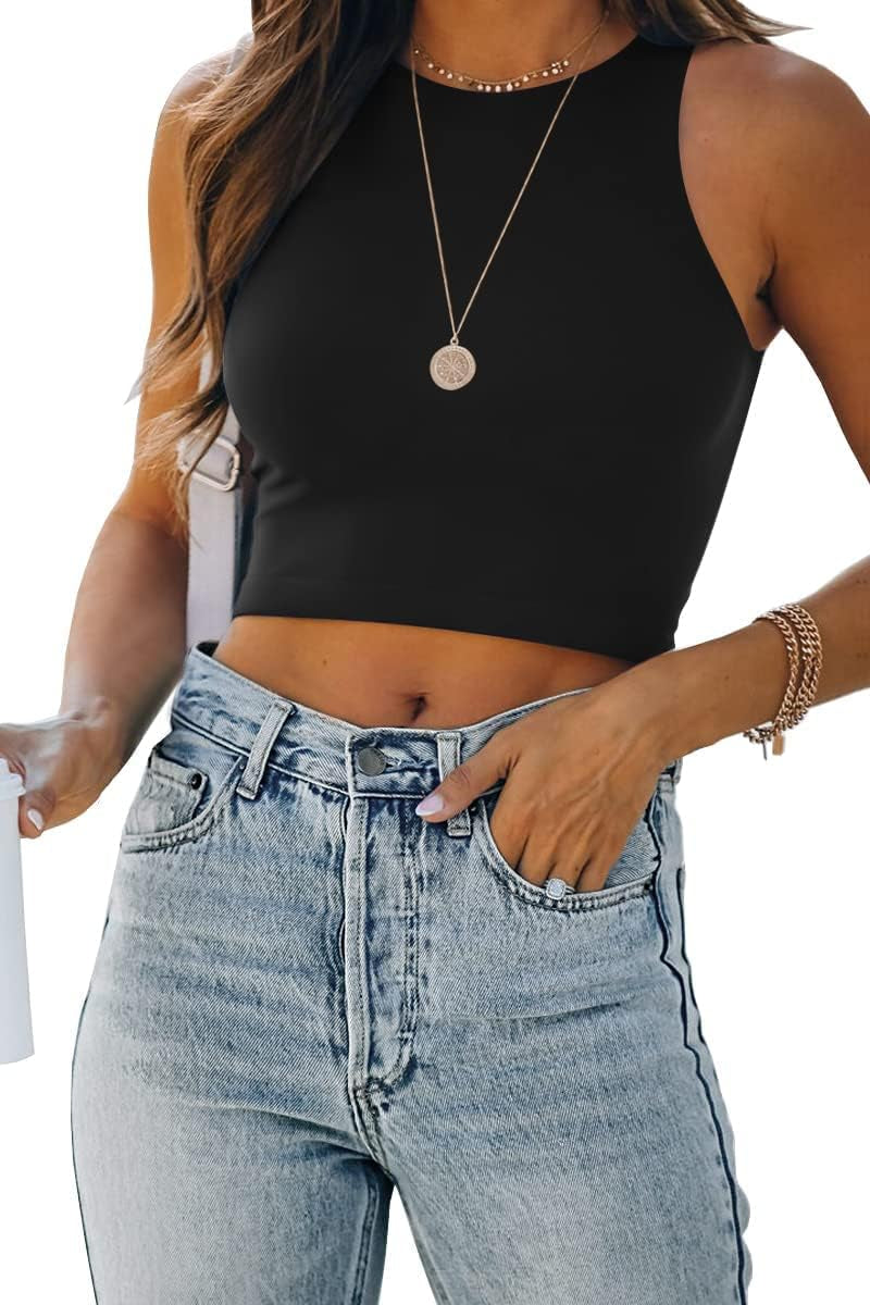 Womens Sleeveless High Neck Crop Tops 