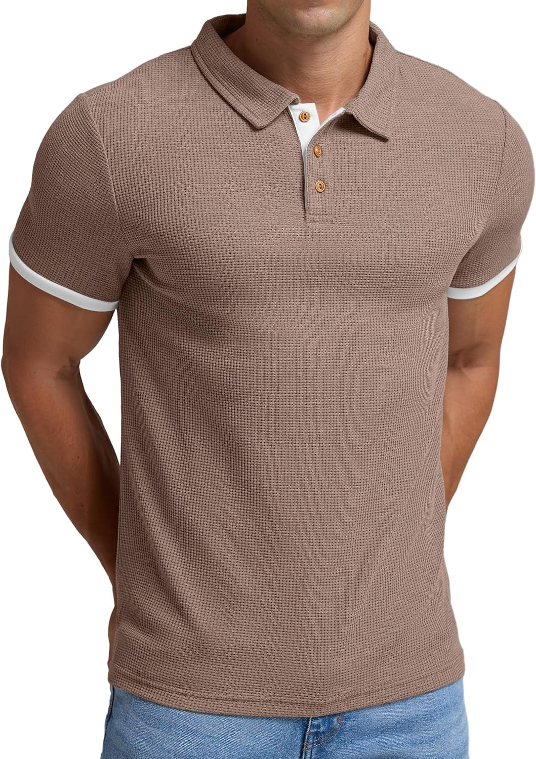 Men'S Waffle Knit Short Sleeve Casual Polo Shirts