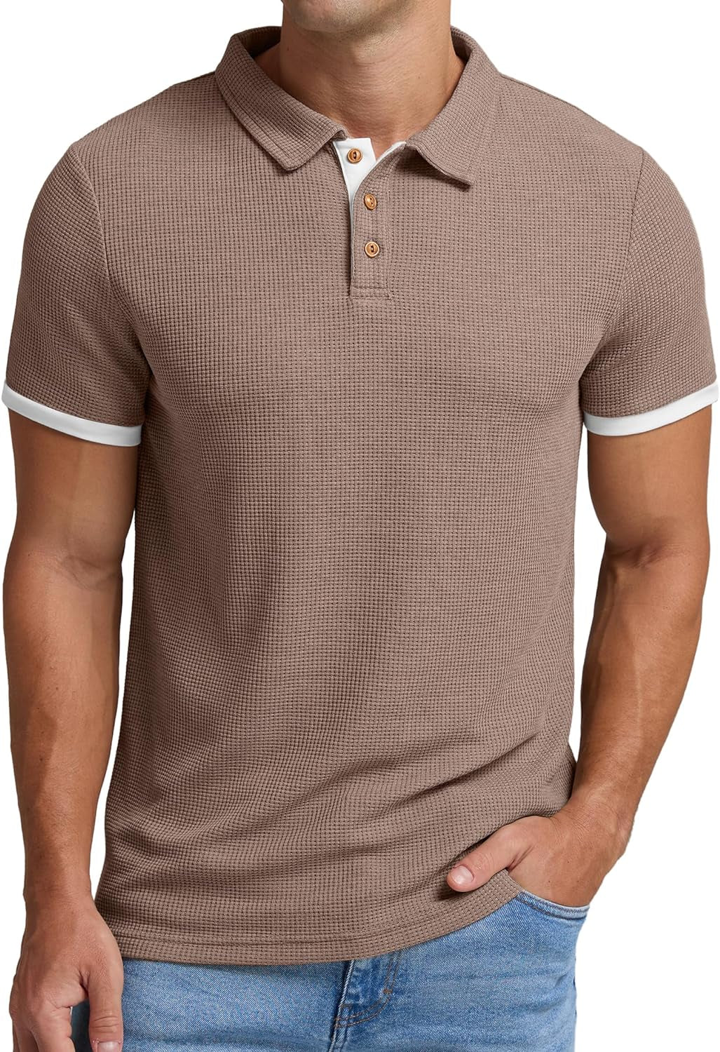 Men'S Waffle Knit Short Sleeve Casual Polo Shirts