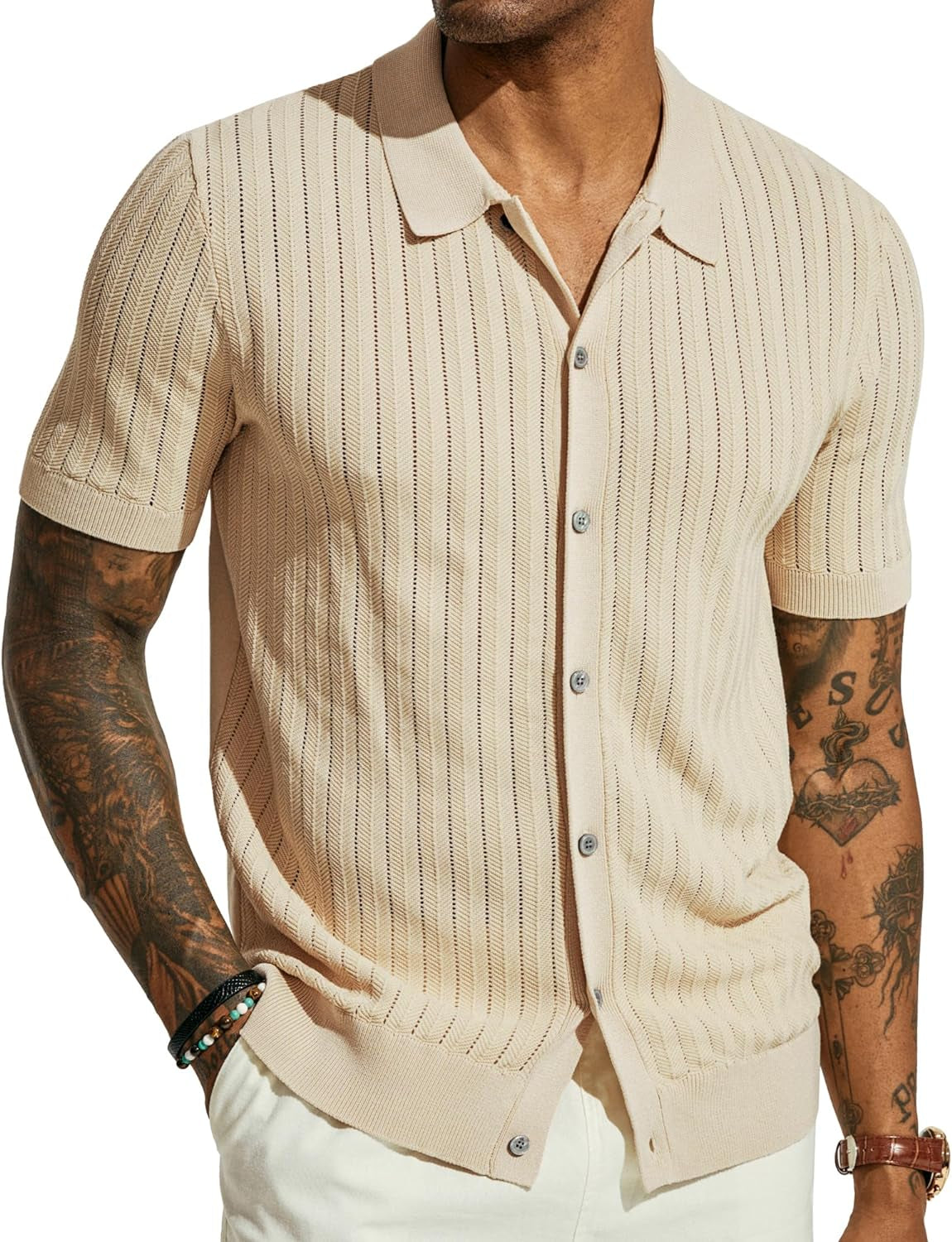 Men's Knit Shirt Short Sleeve Hollow Out Button Down Shirt