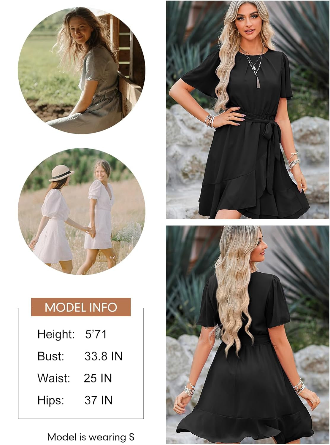 Womens Summer Dresses Crewneck Short Sleeve Waist Tie Ruffle Casual Chiffon A-Line Swing Mini Dress