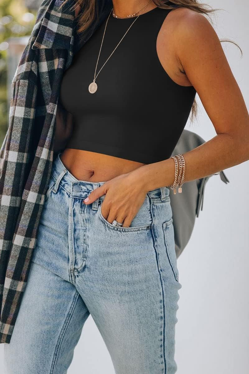 Womens Sleeveless High Neck Crop Tops 