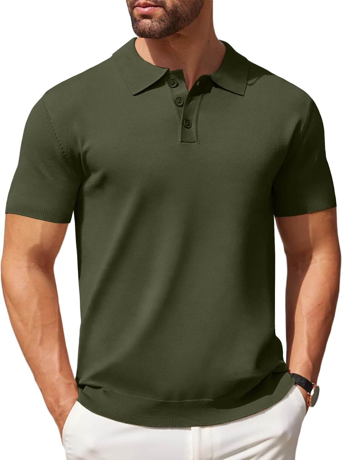 Men's Knit Casual Short Sleeve Button down Polo Shirt 