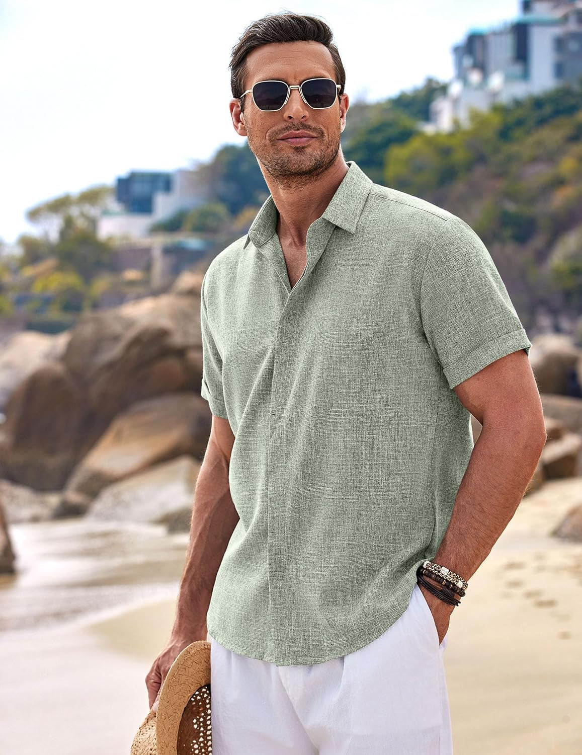 Men's Linen Short Sleeve Casual Button Down Shirt 