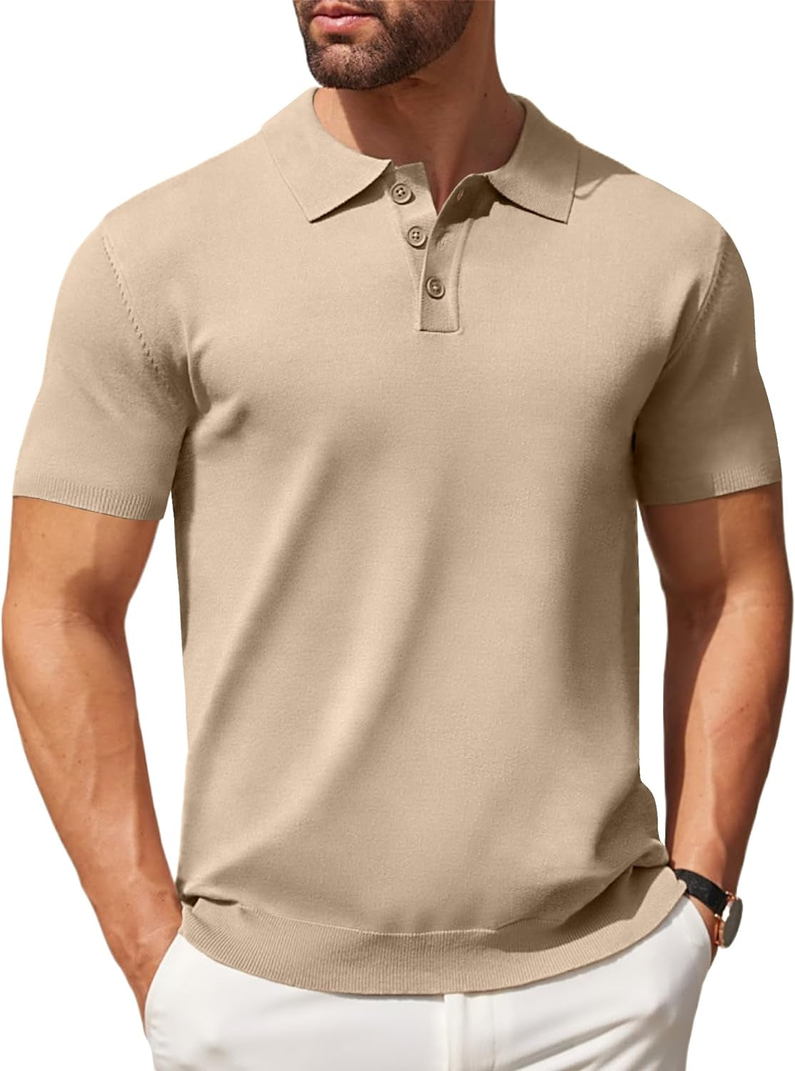 Men's Knit Casual Short Sleeve Button down Polo Shirt 