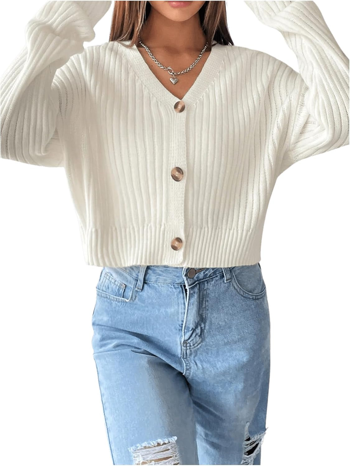 Women's Ribbed Knit V Neck Button Down Sweater