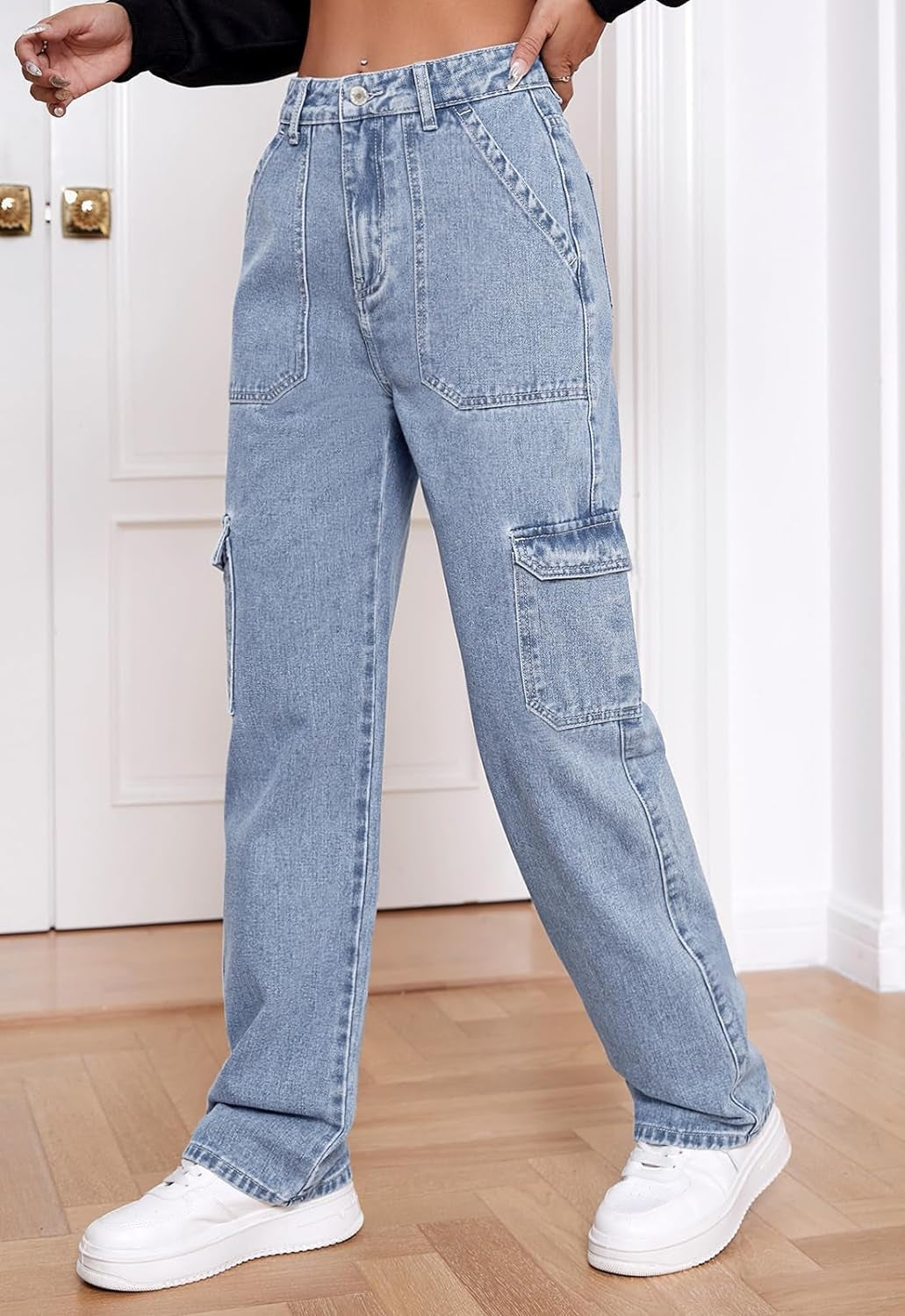 Women's High Waisted Cargo Jeans Stretch Wide Leg Denim Pants Trendy