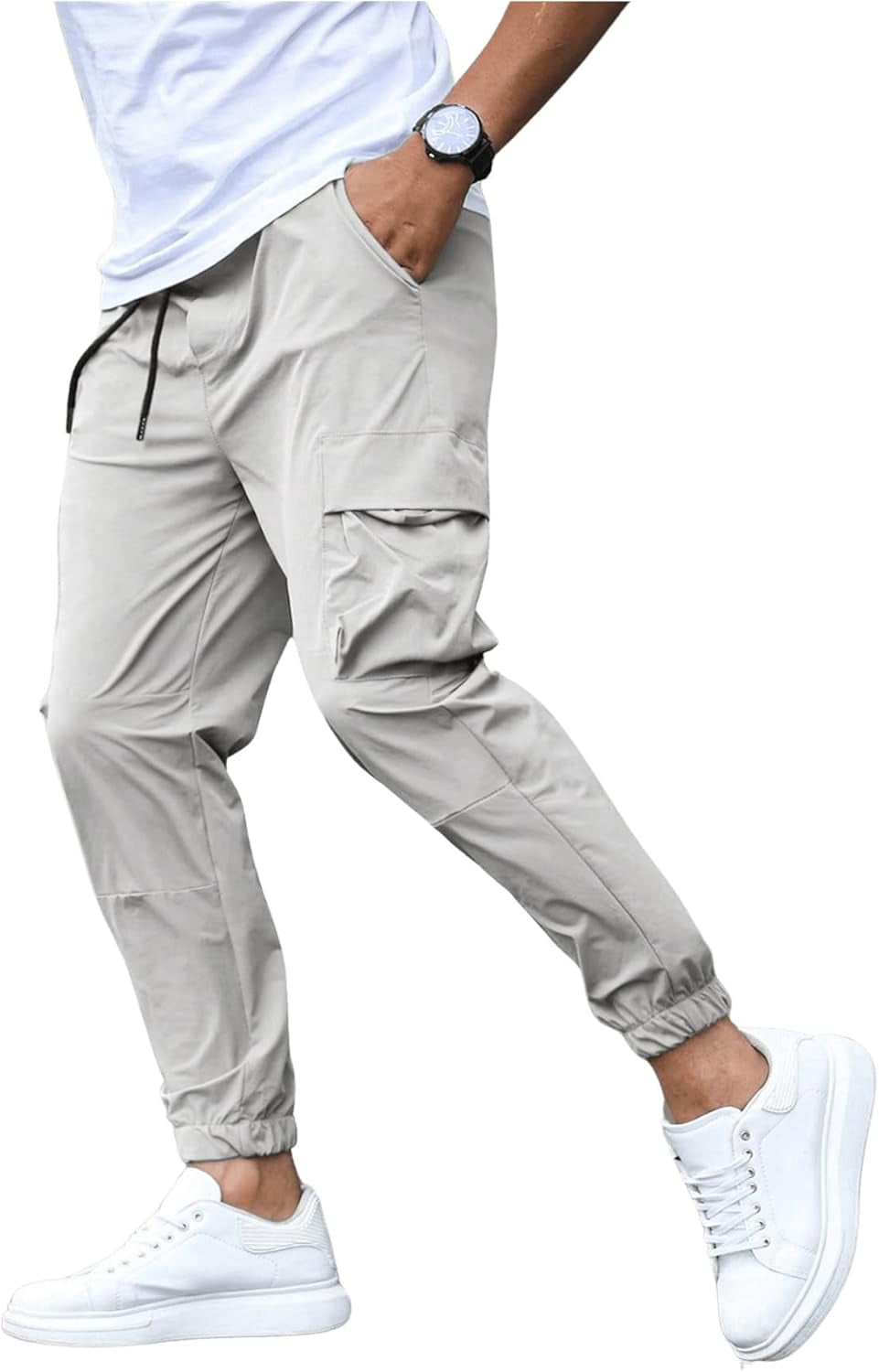 Men'S Drawstring Waist Cuffed Cargo Pants Casual Solid Joggers with Pocket