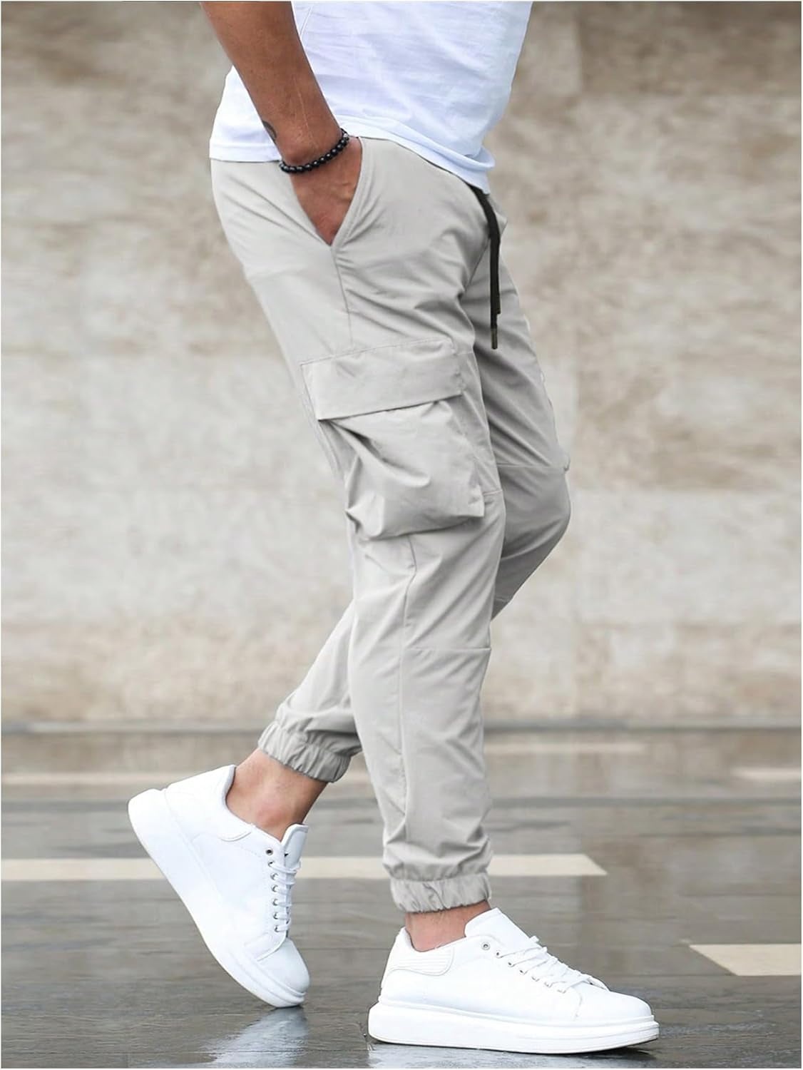 Men'S Drawstring Waist Cuffed Cargo Pants Casual Solid Joggers with Pocket