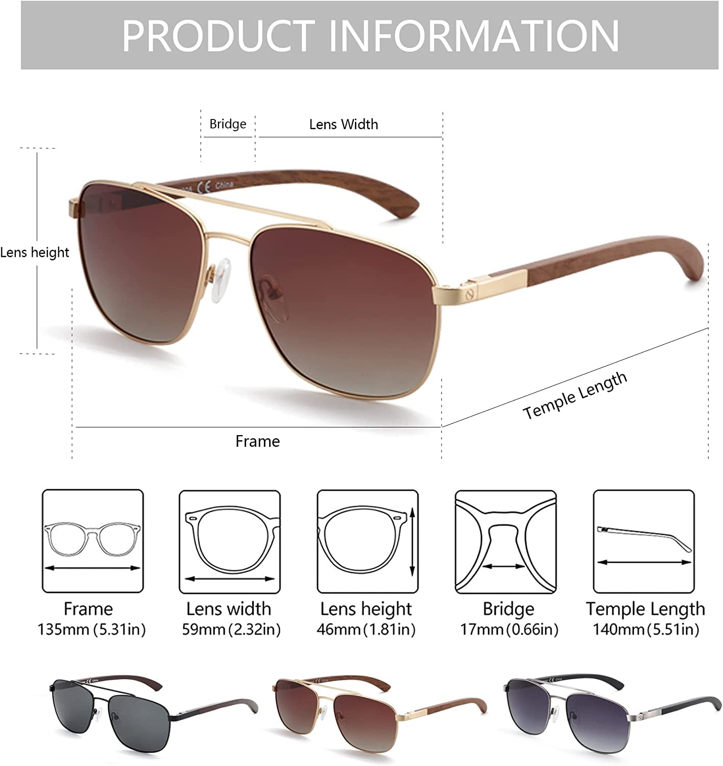 Aviator Wood Polarized Sunglasses for Men 100% UV Protection