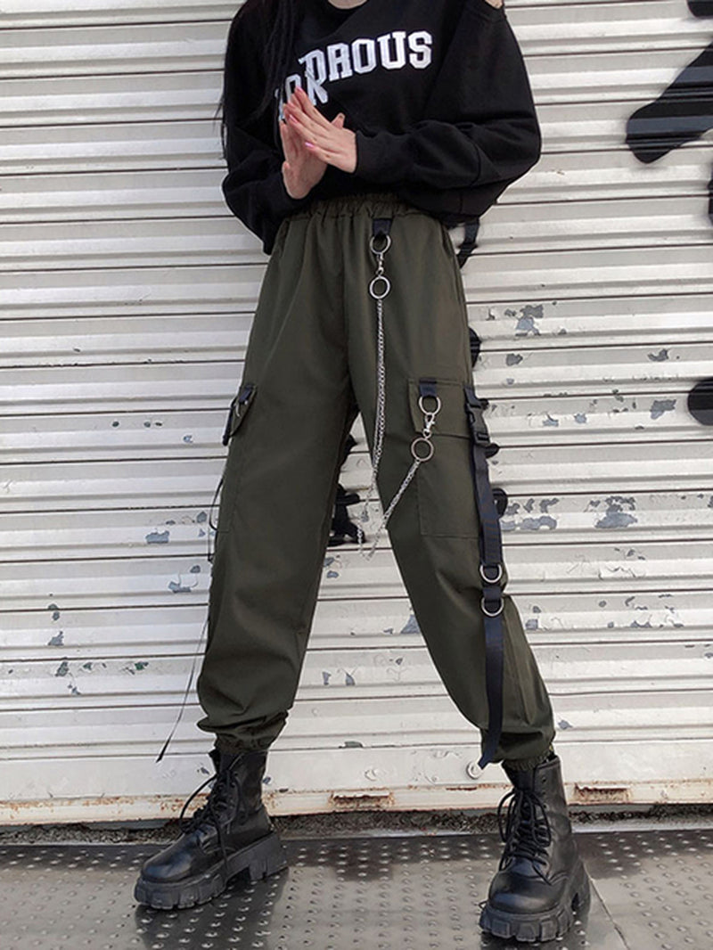 Women Cargo Pants Pockets Jogger Trousers with Chain 