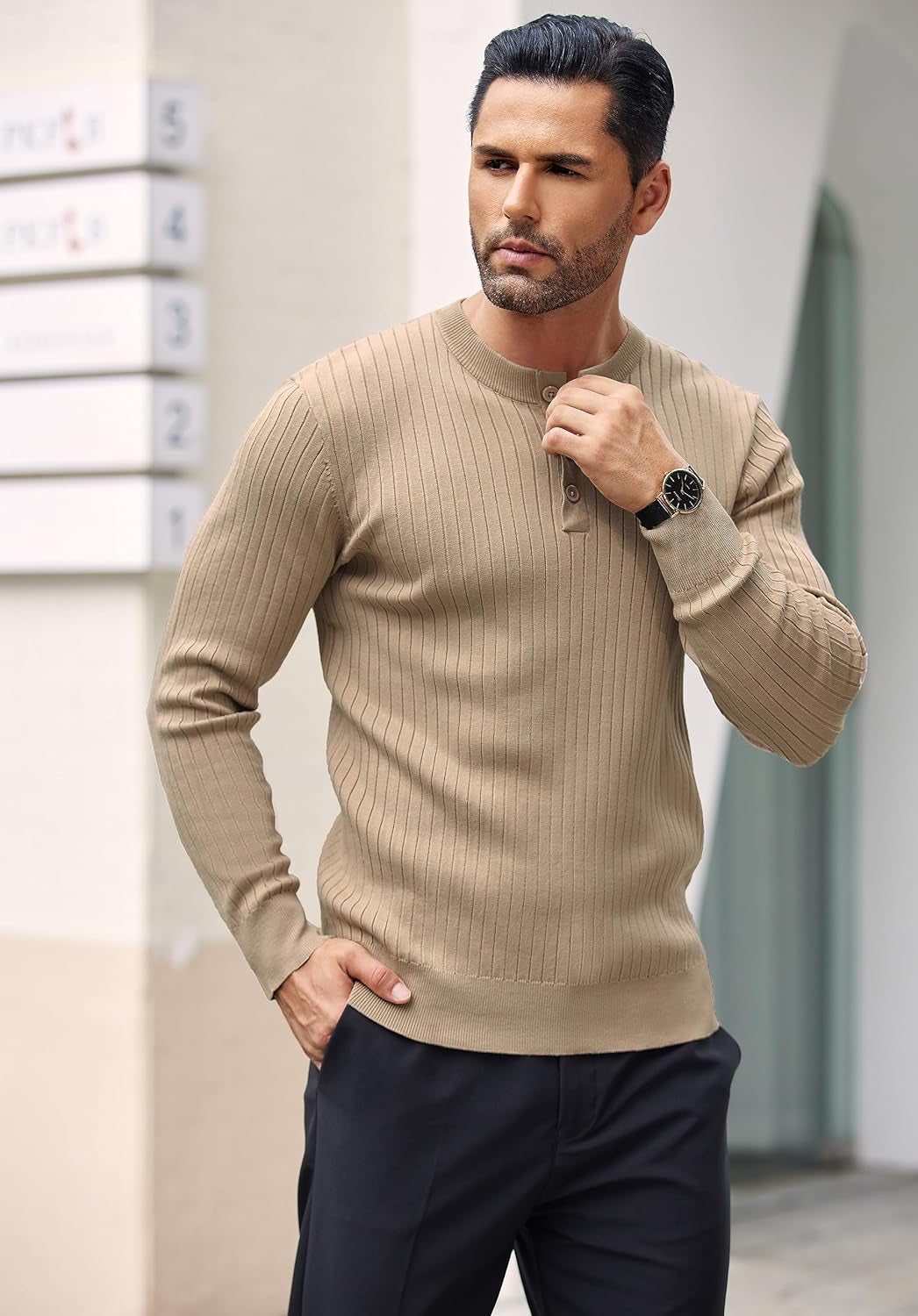 Mens Knitted Henley Shirts Casual Long Sleeve Slim Fit Lightweight Ribbed Pullover Sweater