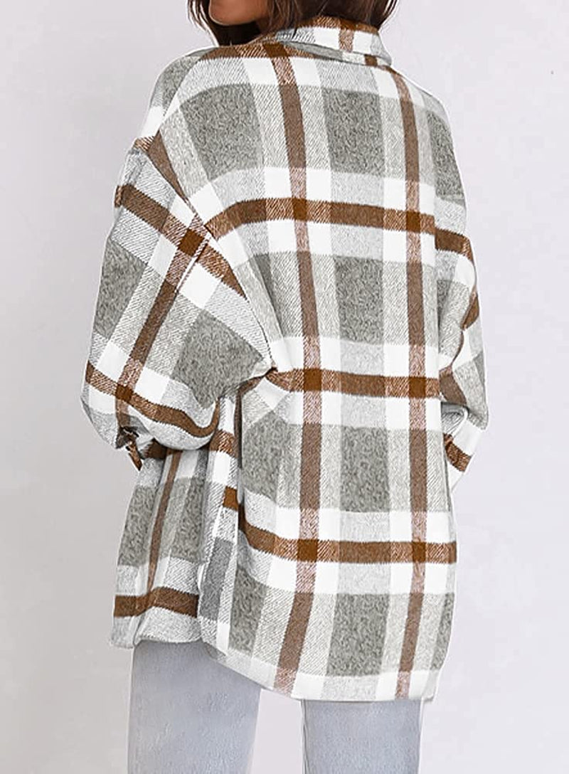 Women'S Flannel Plaid Jacket Long Sleeve Button down Chest Pocketed Shirts Coats Shacket