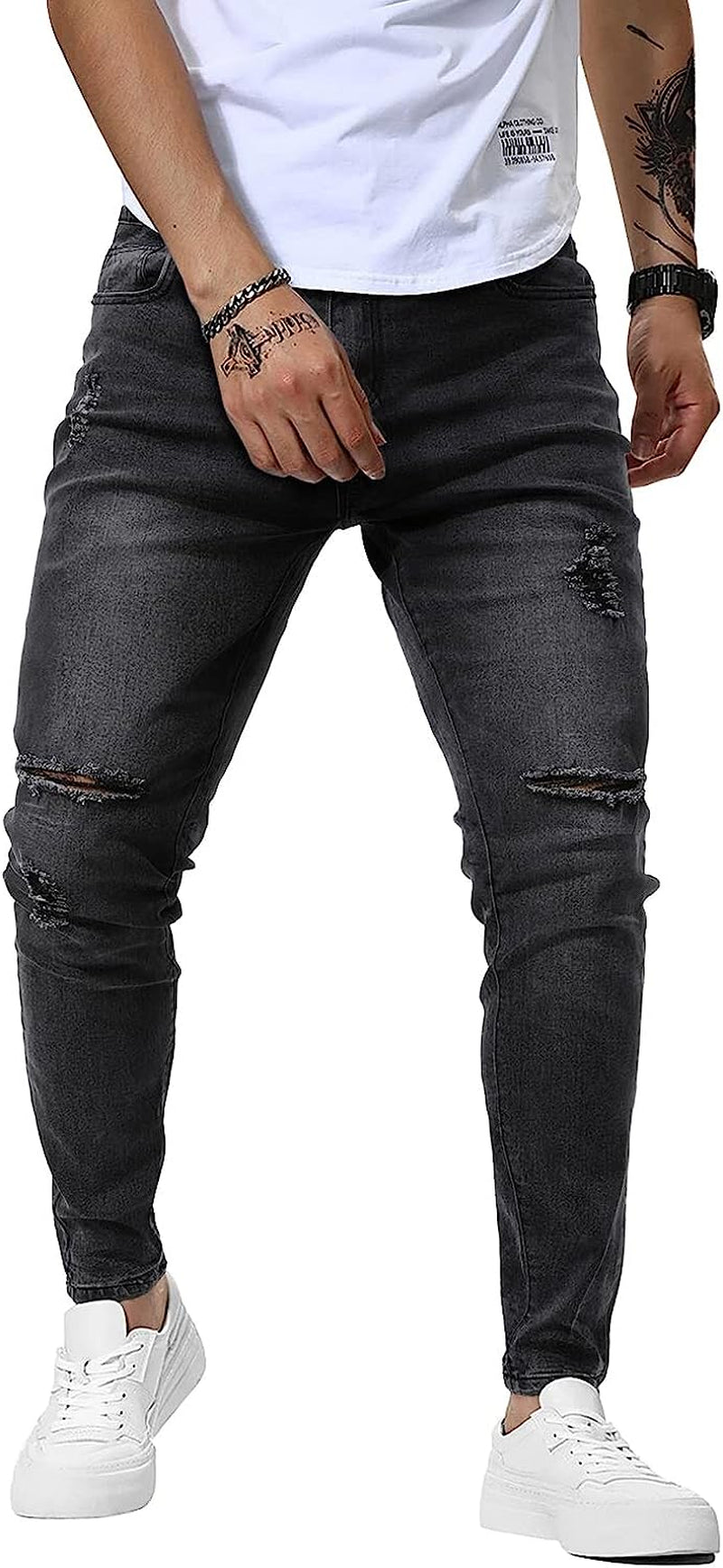 Men's Dark Gey Jeans Slim Fit Skinny Denim Stretch Tapered Jean Pants