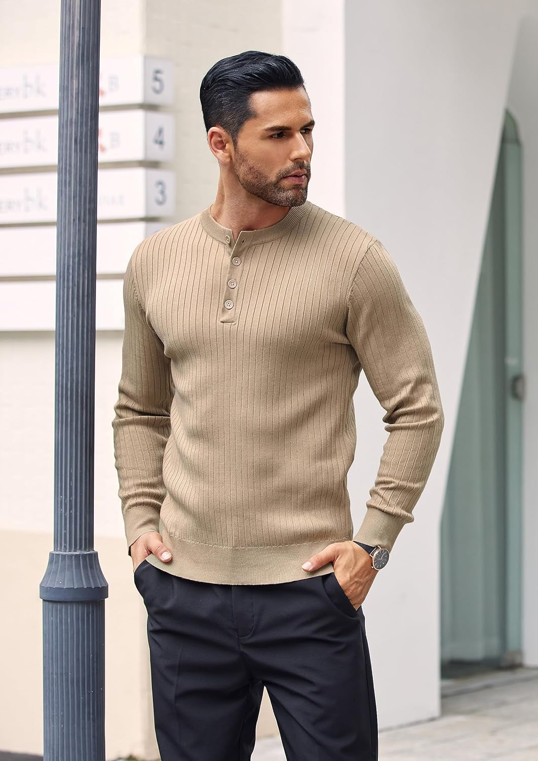 Mens Knitted Henley Shirts Casual Long Sleeve Slim Fit Lightweight Ribbed Pullover Sweater