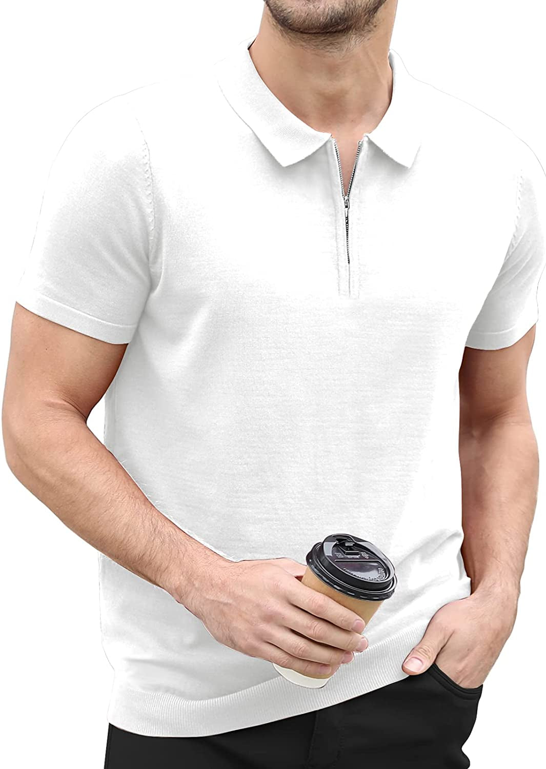 Mens Zipper Polo Shirt Knit Casual Quarter Zip Tee Shirt 