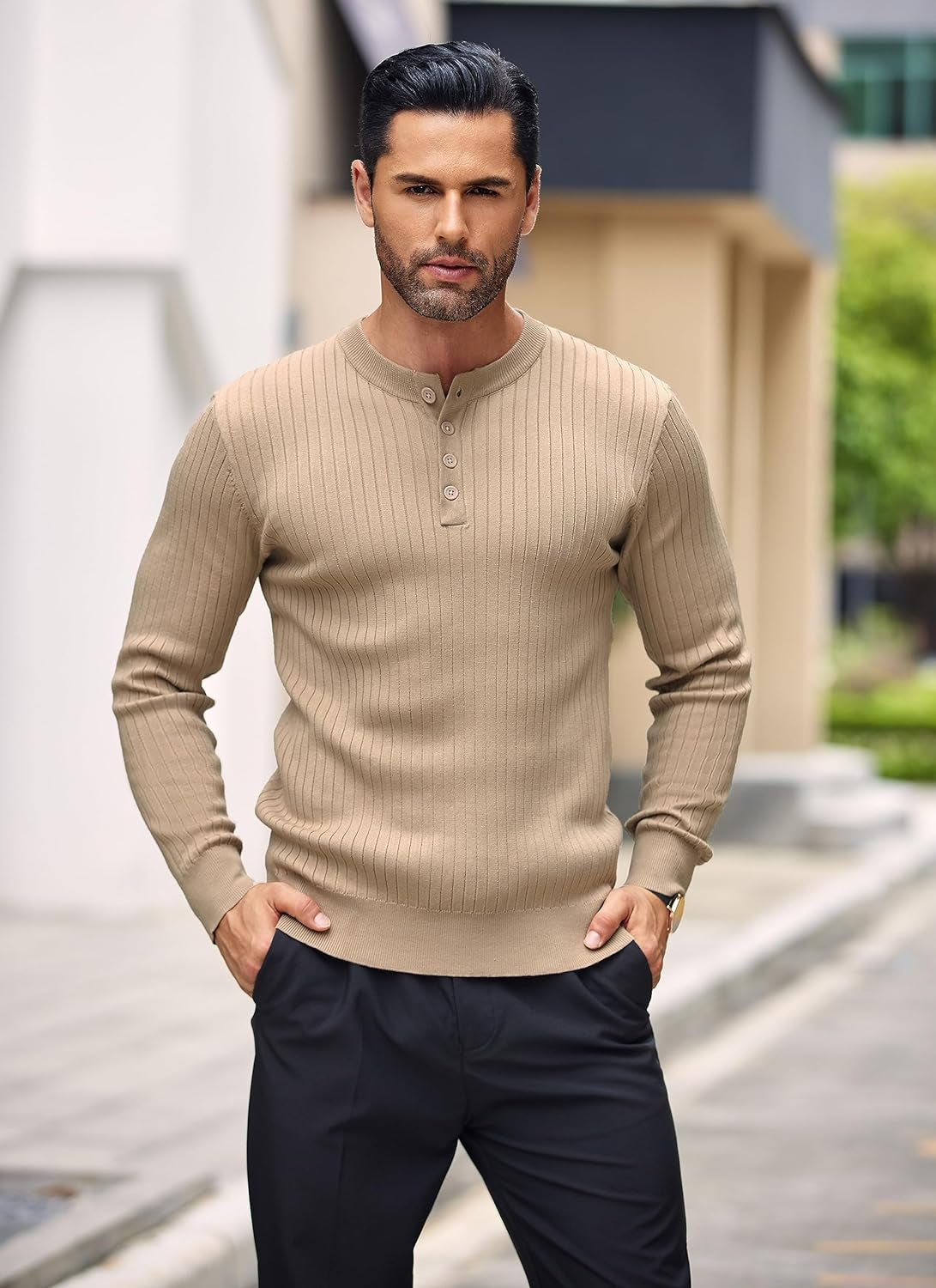 Mens Knitted Henley Shirts Casual Long Sleeve Slim Fit Lightweight Ribbed Pullover Sweater