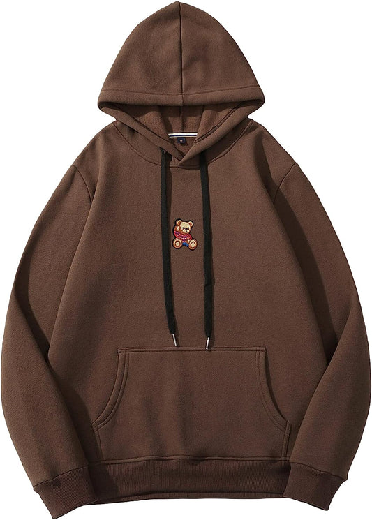 Men's Bear Embroidery Long Sleeve Thermal Hooded Sweatshirt Hoodie 
