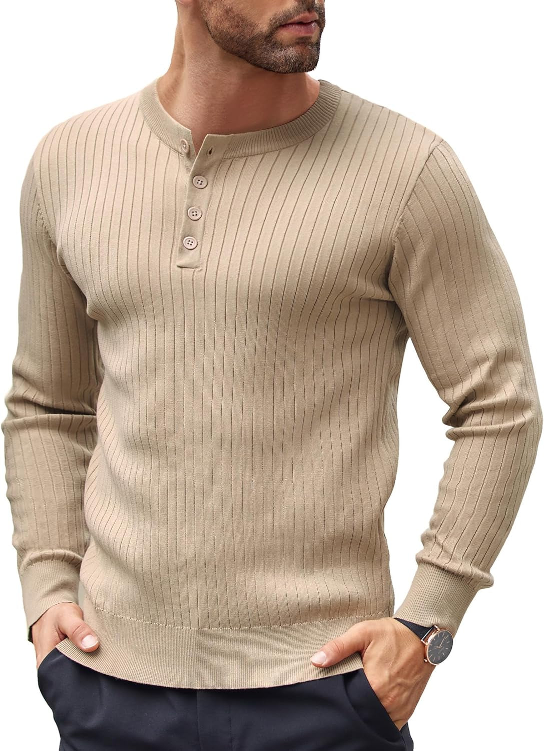 Mens Knitted Henley Shirts Casual Long Sleeve Slim Fit Lightweight Ribbed Pullover Sweater