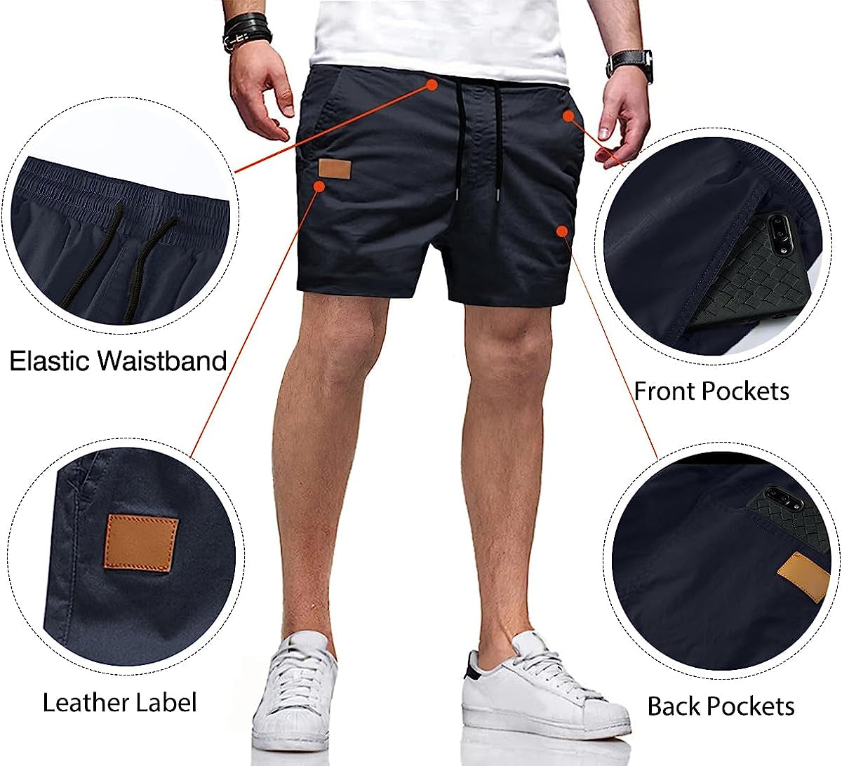 Mens Casual Shorts - Cotton Drawstring Summer Beach Stretch Twill Chino 