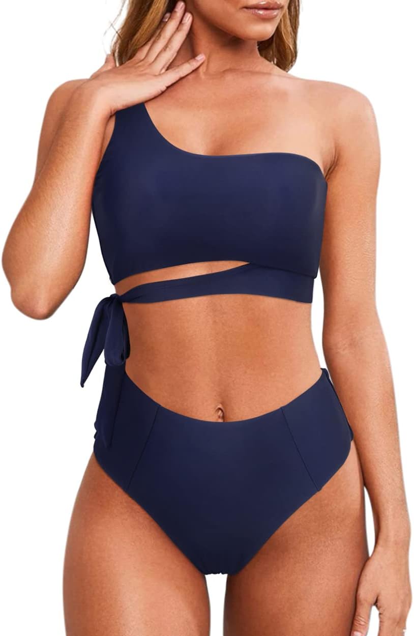 Women One Shoulder High Waisted Bikini Tie High Cut Two Piece Swimsuit