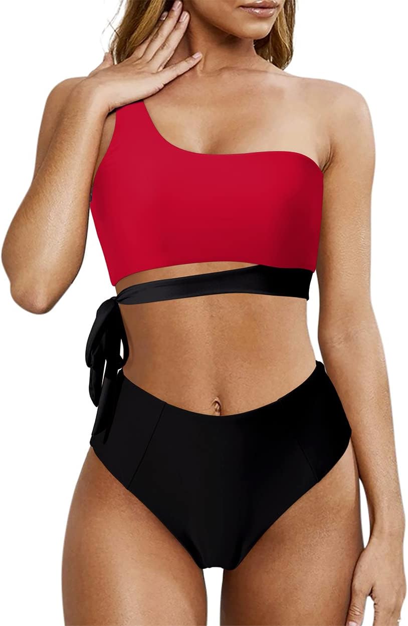Women One Shoulder High Waisted Bikini Tie High Cut Two Piece Swimsuit