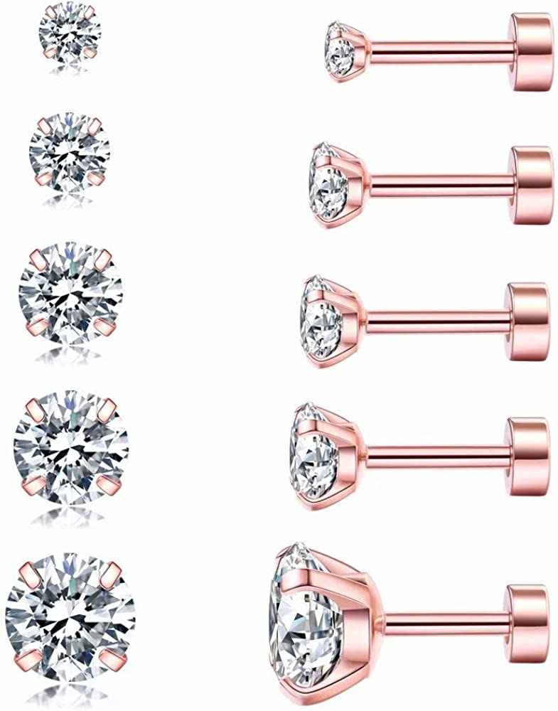 5 Pairs Cubic Zirconia Hypoallergenic Stud Earrings for Women 